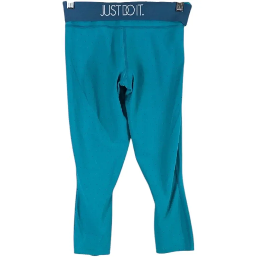 Nike Leggings Womens Small Aqua Drawstring Zip Pocket Yoga Capri Triangle Dots
